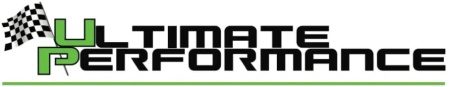 Logo with a black and white checkered flag, the letters "UP" in green, and the words "ULTIMATE PERFORMANCE" in black, styled with a racing theme.