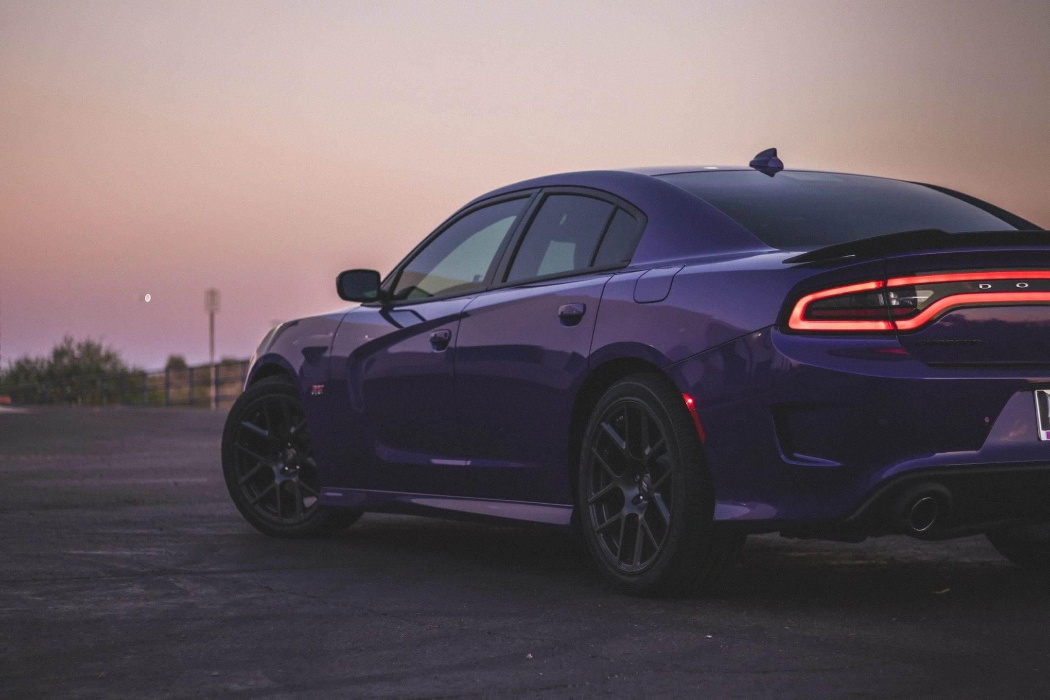 Purple sports car at sunset, rear view.